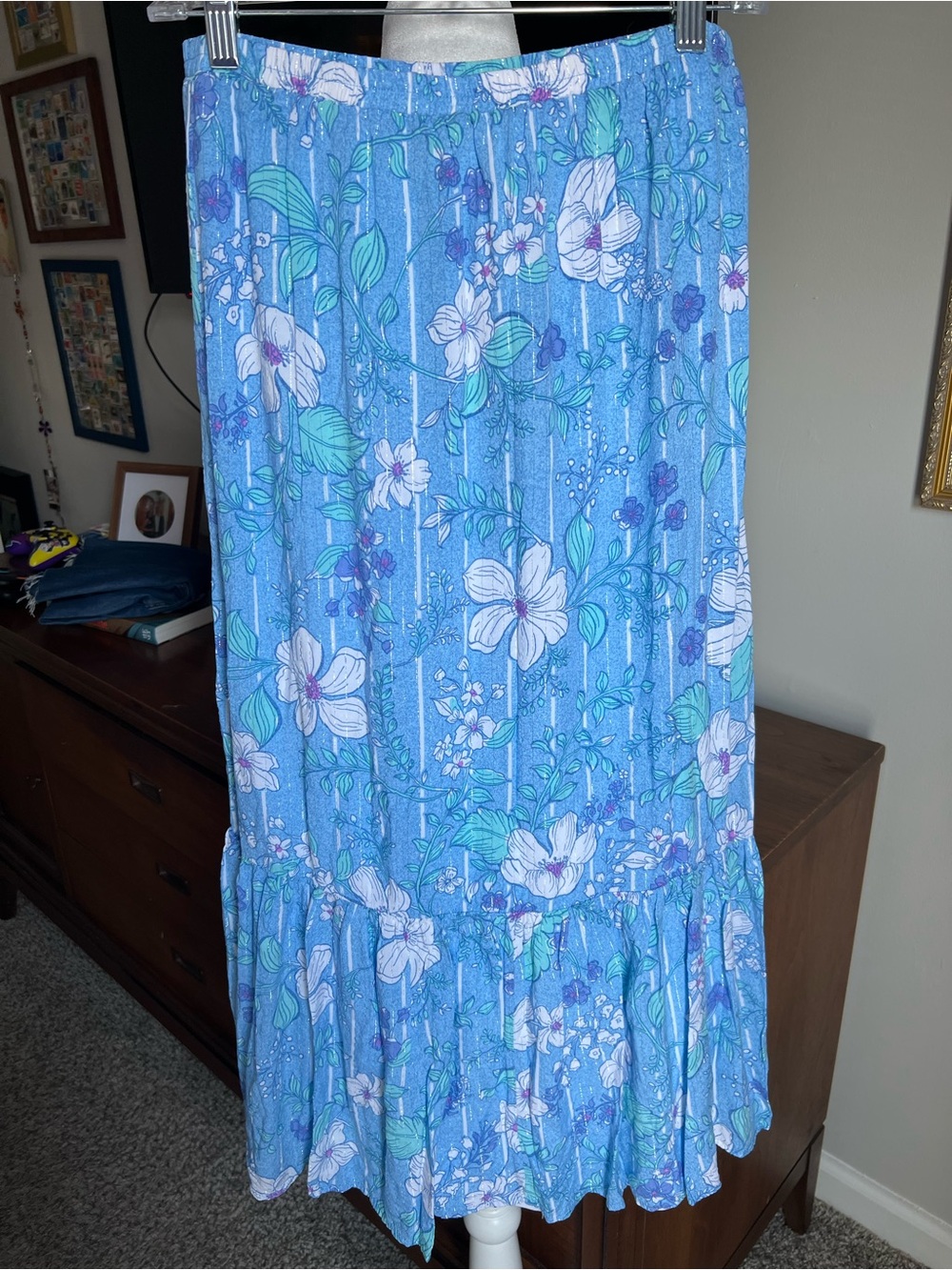 Ruby Rd. Blue Floral Tiered Maxi Skirt